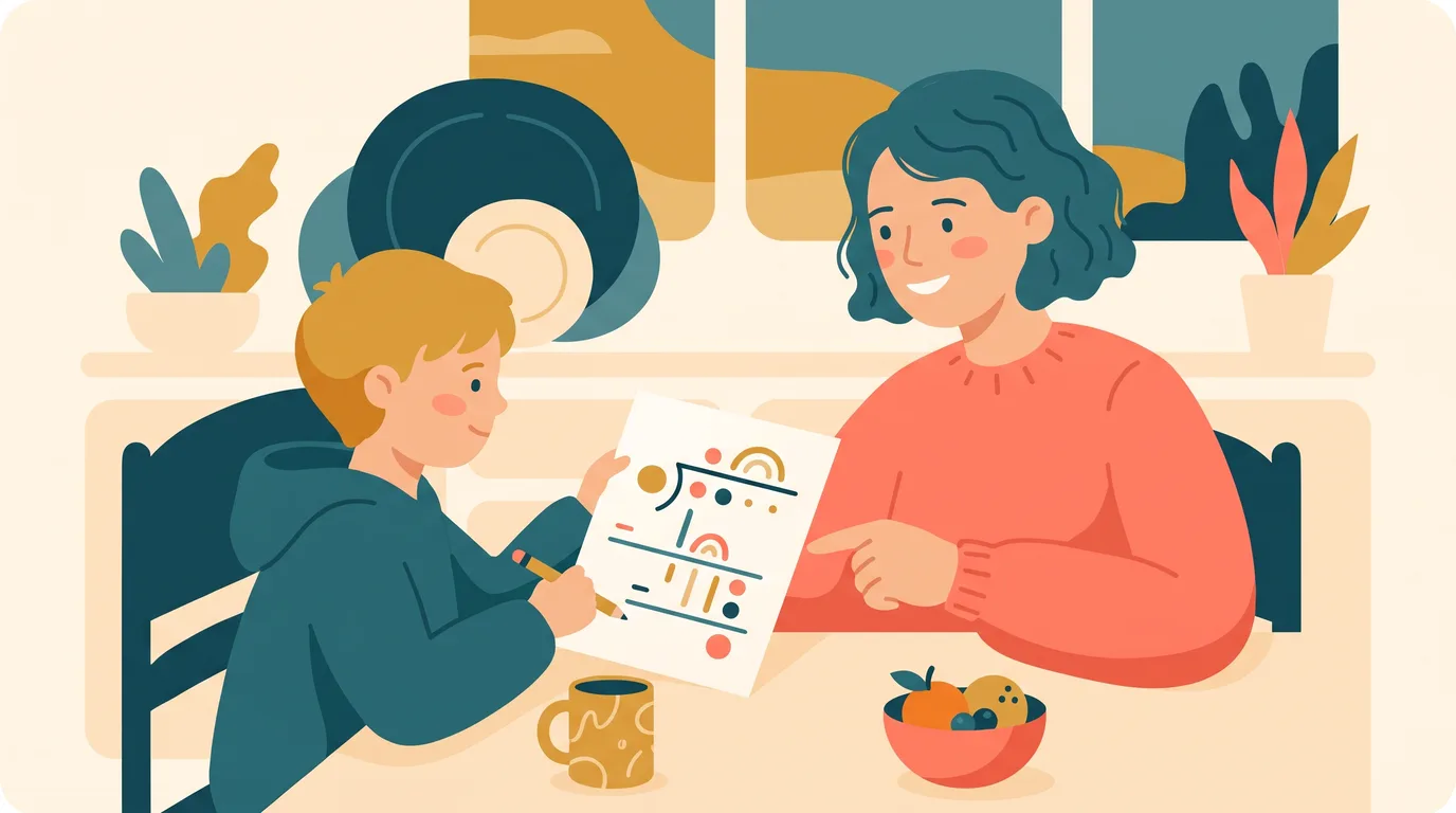 Un enfant fait une division posée sur une feuille à la table de la cuisine, son parent lui montre une étape en souriant